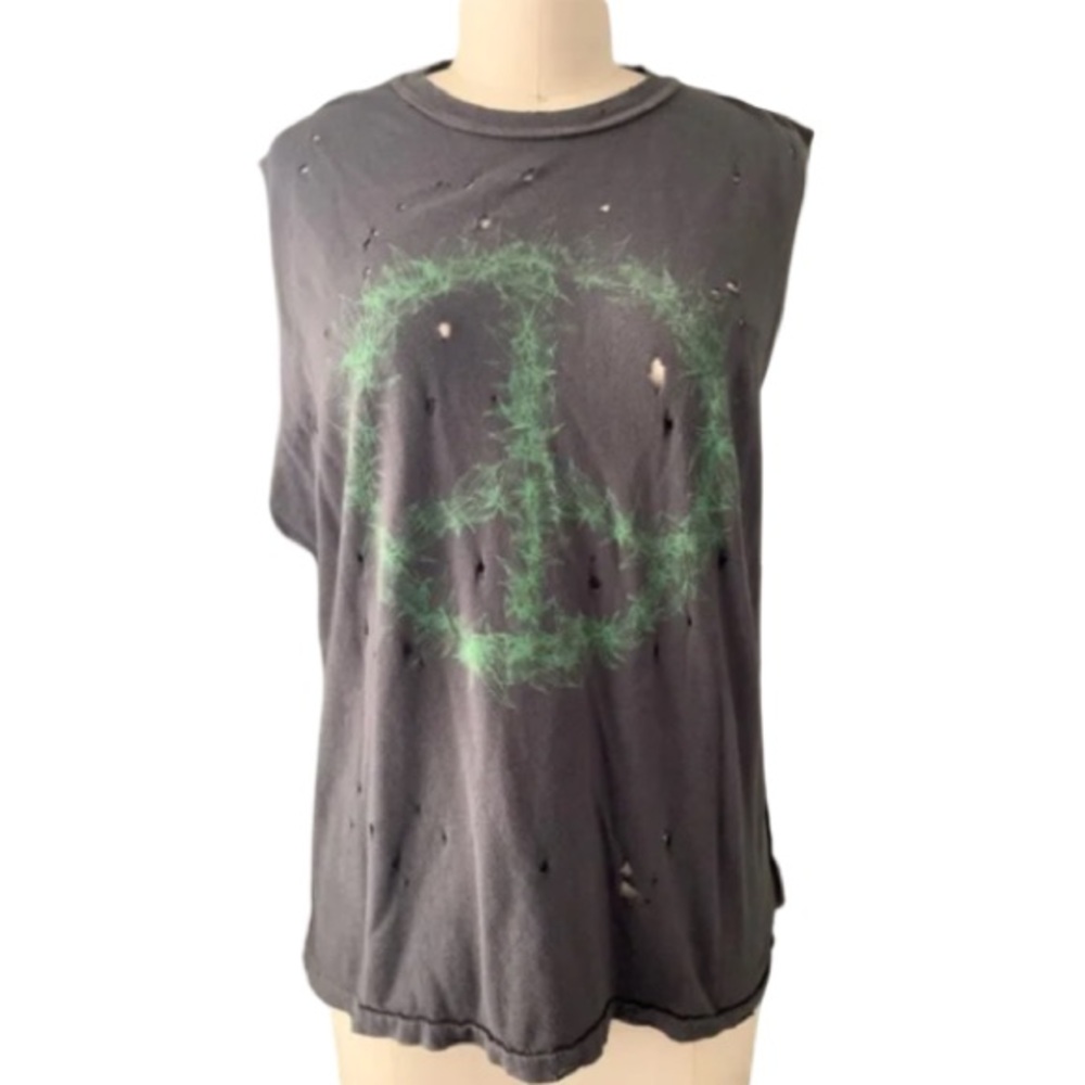 UNIF Whimsical Black & Green Weed Peace Sign Relaxed Distressed Sleeveless Shirt - Picture 2 of 6